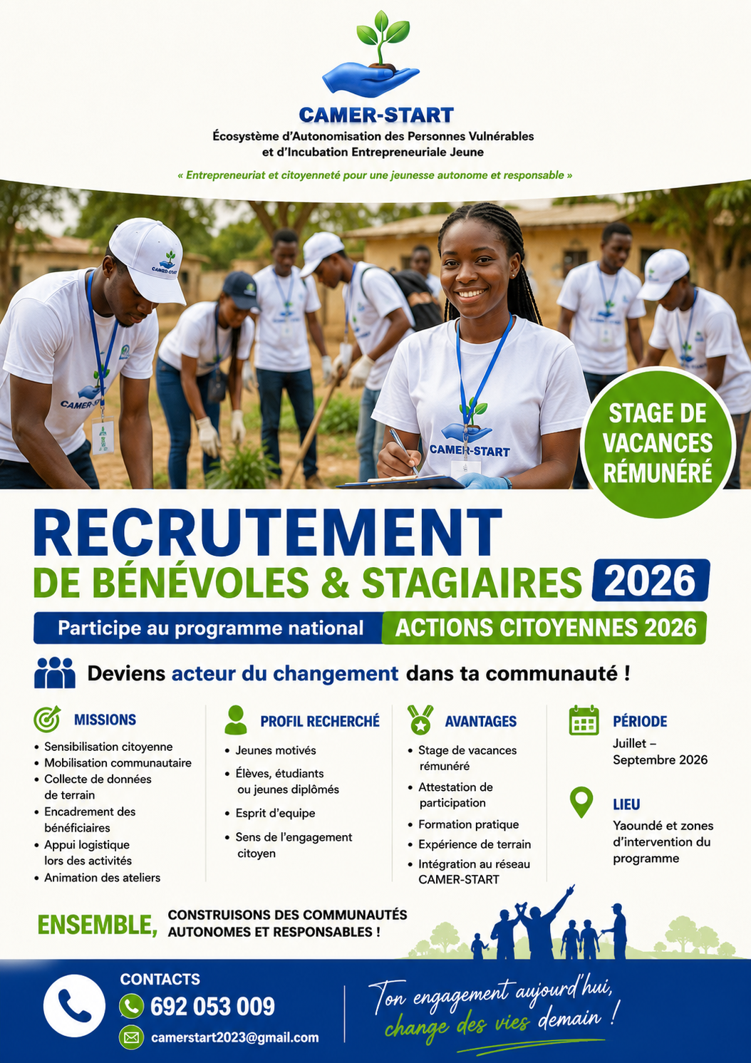 Affiche officielle du recrutement bénévoles et stagiaires CAMER-START 2026.